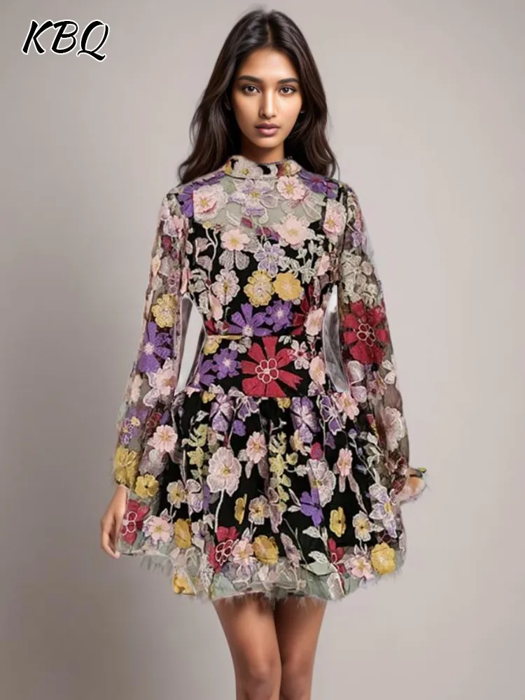 KBQ Floral Printing Embroidery Two Piece Sets For Women Stand Collar Long Sleeve Tops High Waist Mini Skirt Hit Color Set Female