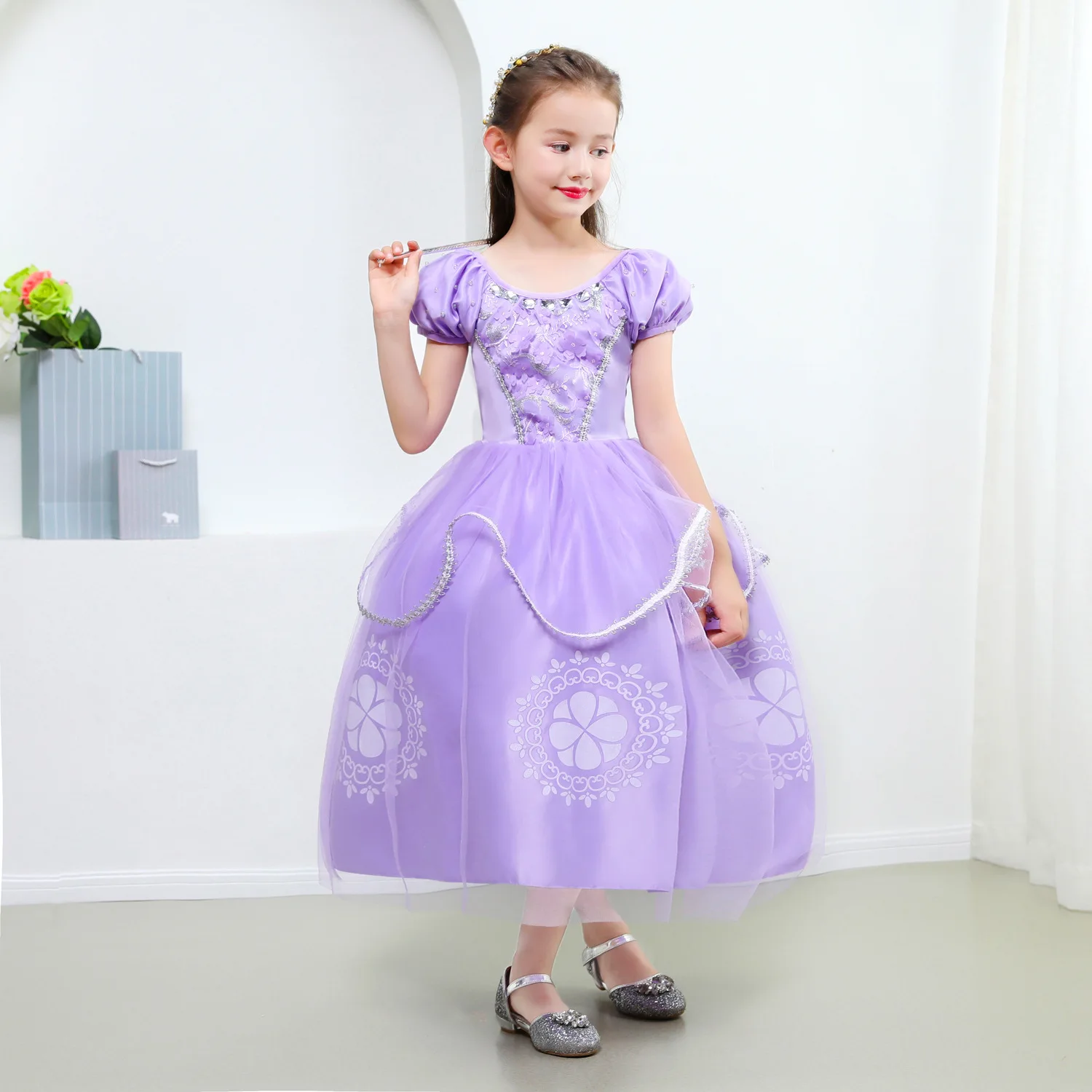 Cartoon Sophia the First Anime Costume Girls Princess Dress Floral Floral Appliques Ball Gown Kids Carnival Sofia Cosplay Robes