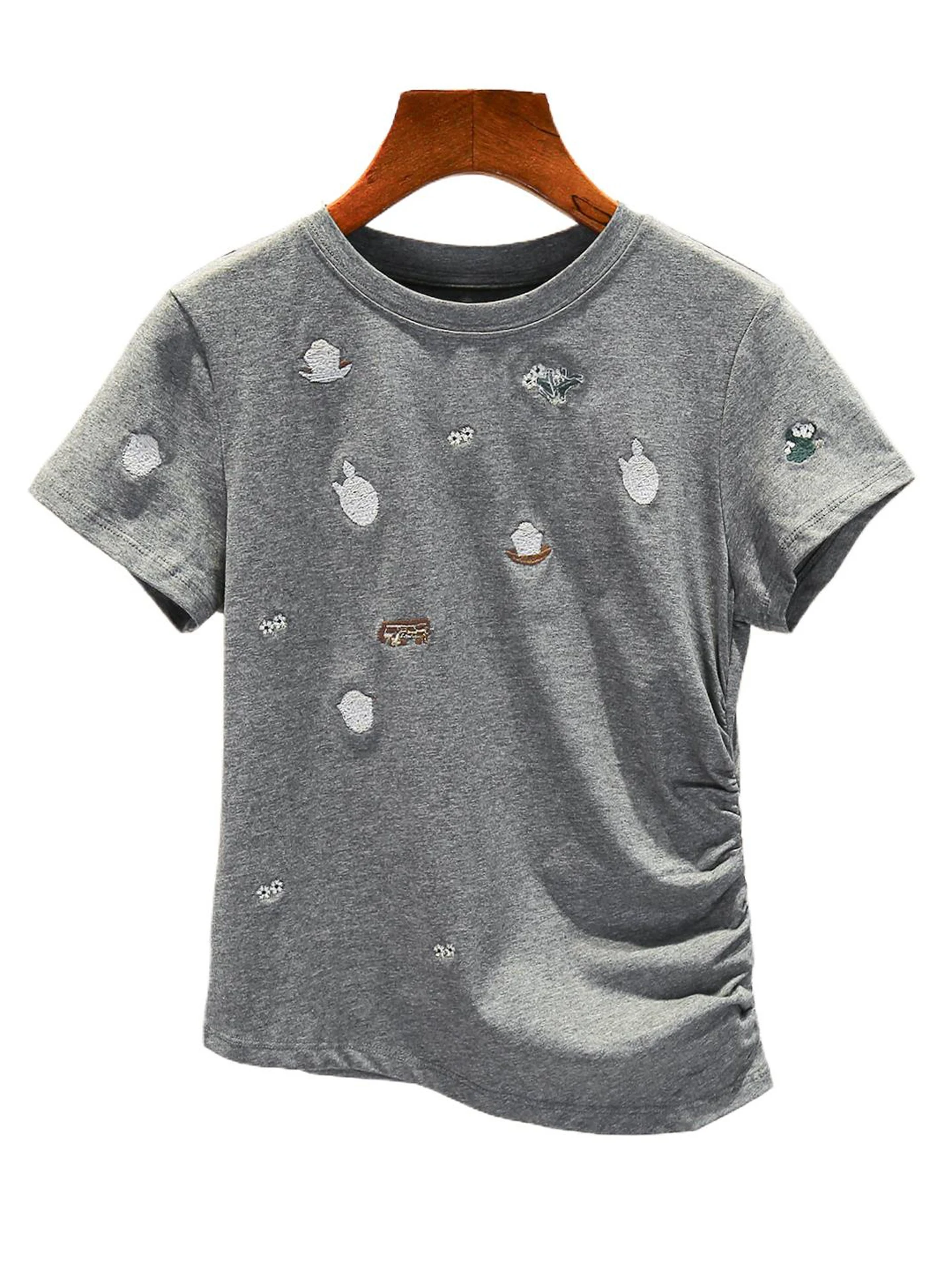 قميص نسائي قطني فاخر بأكمام قصيرة مع تصميم مطرز ورباط، مناسب للصيف ونمط العمل، قصة ضيقة من القطن الخالص