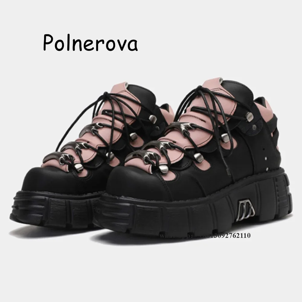 Zapatos de tacón Punk con cordones para mujer, zapatos de plataforma de Metal, color negro y rosa, moda de primavera, punta redonda, zapatos de tacón Retro Rock de talla grande