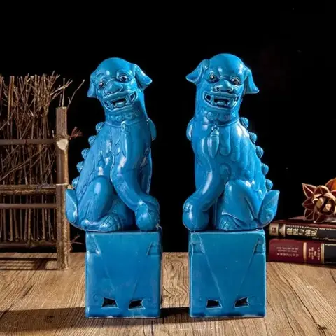 1 Pair Chinese Jingdezhen Ceramics Porcelain Blue Foo Fu Dog Guardion Lion Statue Pair Antique Porcelain Home Decor Statue