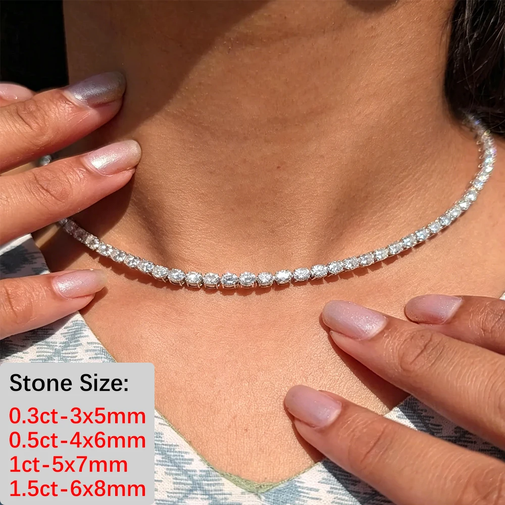 BXINY East West Oval Cut Moissanite Tennis Necklace S925 Silver 0.3-1.5CT Diamond Choker for Women Men Wedding Gift Fine Jewelry - view 4