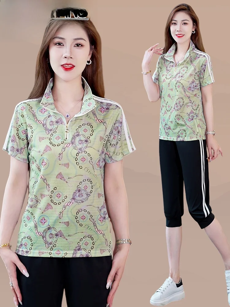 TUCANO Ice Silk Qui Dry Sports Set Mujer Verano 2025 Nuevo cuello alto antienvejecimiento ort Sve Pantalones de siete piezas Dos piezas...