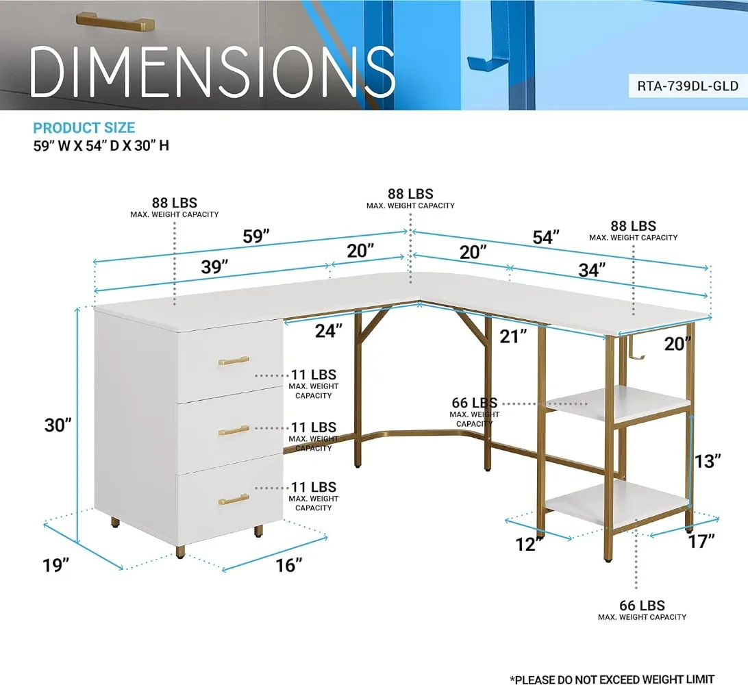 Meja berbentuk L-meja komputer dua warna dengan laci & rak penyimpanan-furnitur Modern sederhana untuk bekerja & menulis