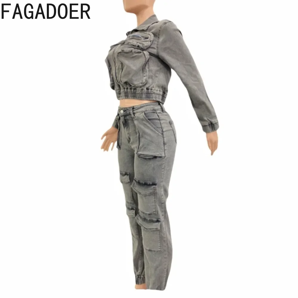 FAGADOER Fashion Denim Two Piece Set for Women Y2k Streetwear Lapel Zip Crop Jacket And Cargo Pockets Stretchy Jeans Outfits