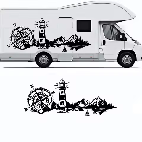 Large Compass Lighthouse Mountains &amp; Sea Camper Rv Car Sticker Decal Motorhome Caravan Campervan Auto Vehicle Decor