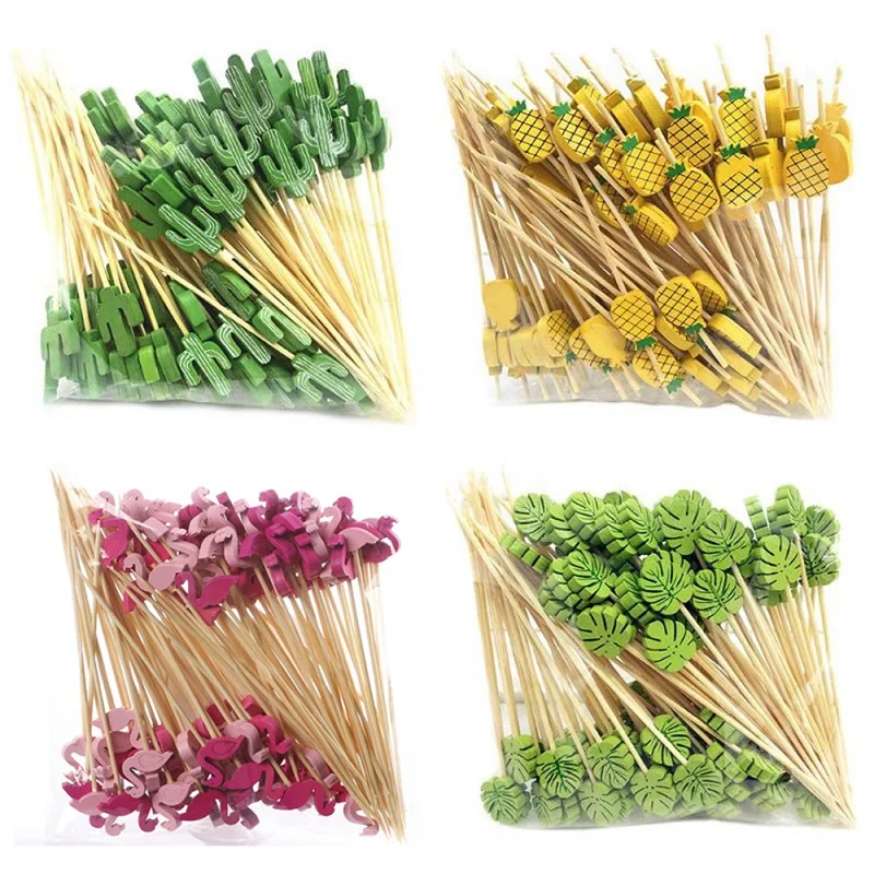 

100pcs 12cm Fruit Cocktail Pick Stick Different Style Bamboo/PVC Buffet Cupcake Toppers Bar Tool