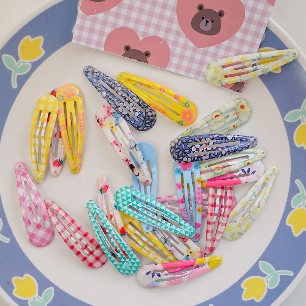 60 PCS, Cute Floral Print Droplet BB Hair Clip Baby Girls Snap Clips Kids Hairgrips Oil Water Dripping Flower Hairpins