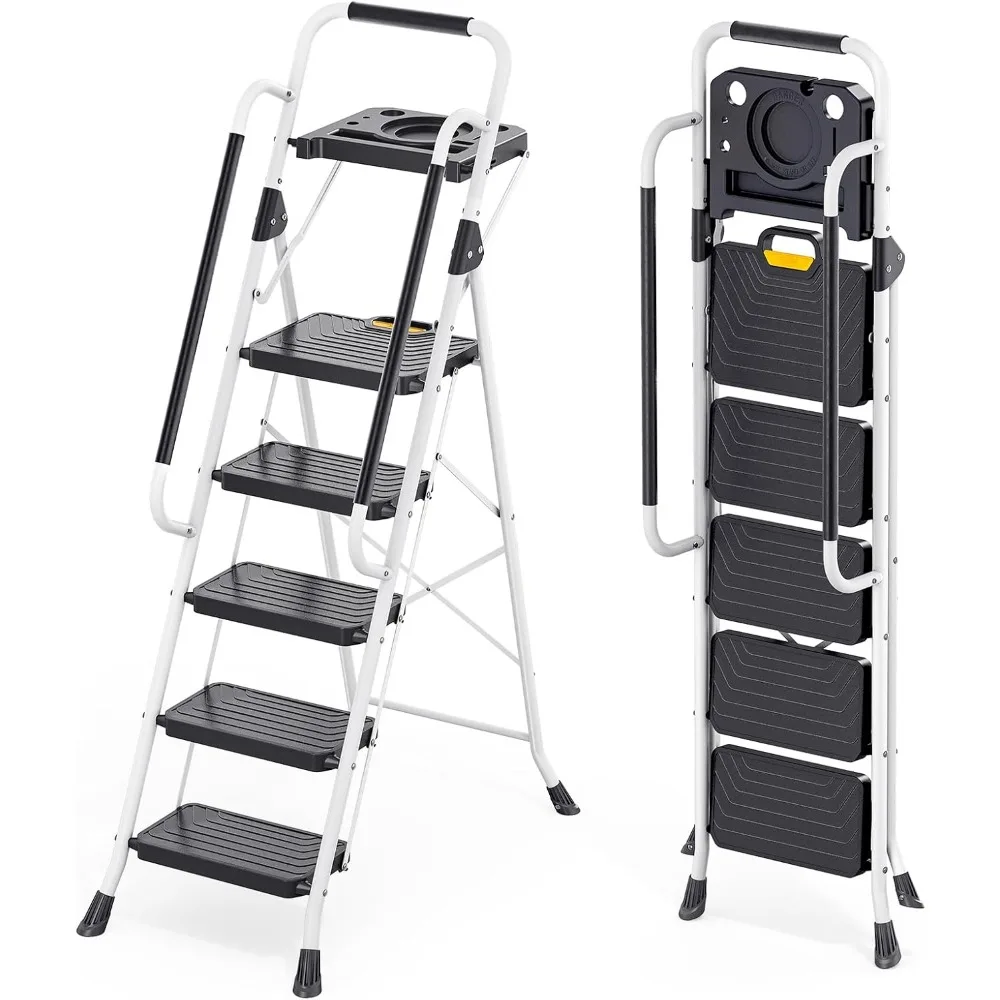 

Sturdy Steel 5 Step Ladder, Folding Step Stool with Handrail, Anti-Slip Wide Pedals, Safe-Lock Design, Pass 800lbs Load