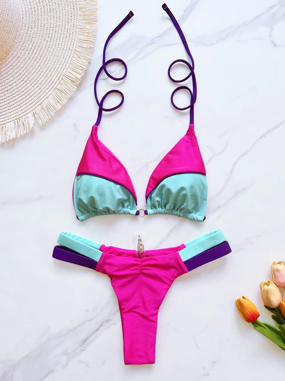 

2026 New Sexy Solid Splicin Bikini Set Women's Swimsuit Two-piece Triangle Halter Swimwear Bathing Suit Brazilian Biquinis