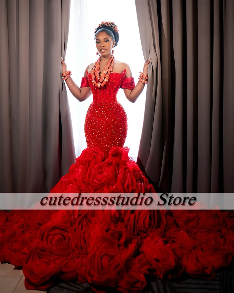 African Women Red Wedding Dresses Ruffles Glitter Luxury Beading Mermaid Bridal Gowns Nigerian Vestidos De Boda 2025 Customized