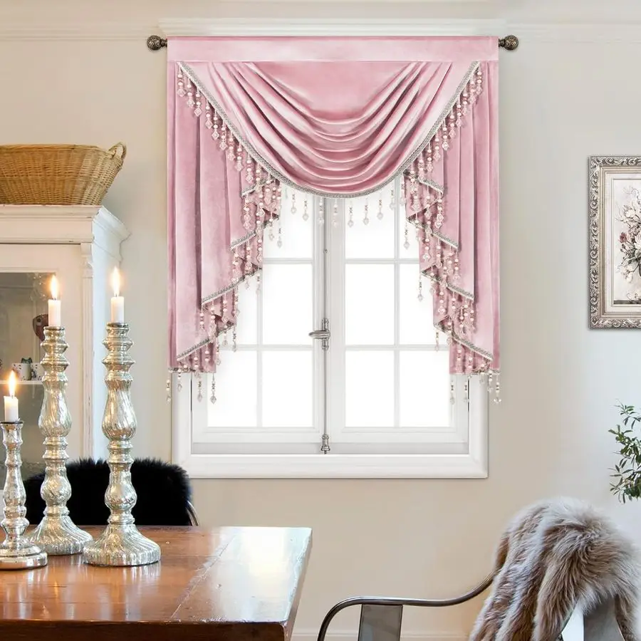 

Solid Pink Waterfall Valance with Luxury Tassels, Rod Pocket Elegant Velvet Swag Valance for Living Room amp Bedroom, European S