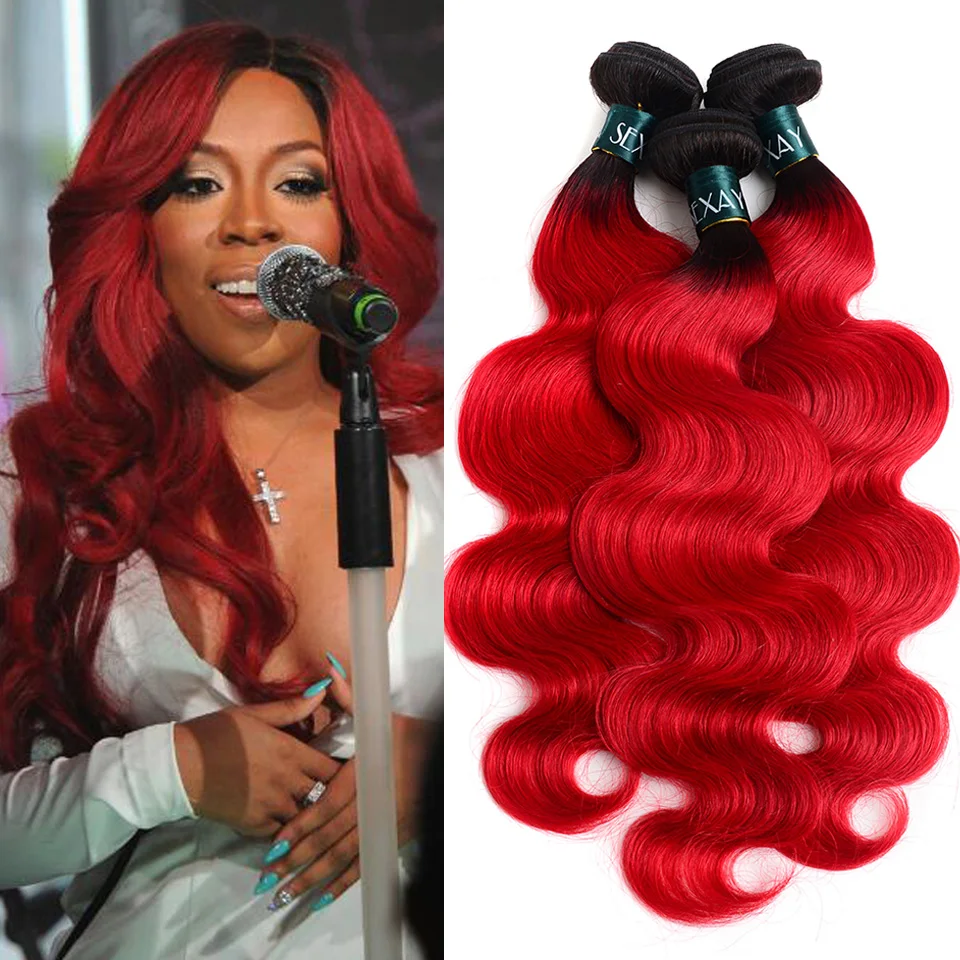 Capelli rossi caldi dell'onda del corpo 2 pacchi affare 100% 10A capelli umani peruviani 1/2 pezzi lotto radici scure Ombre 1B fasci di tessuto dei capelli umani rossi