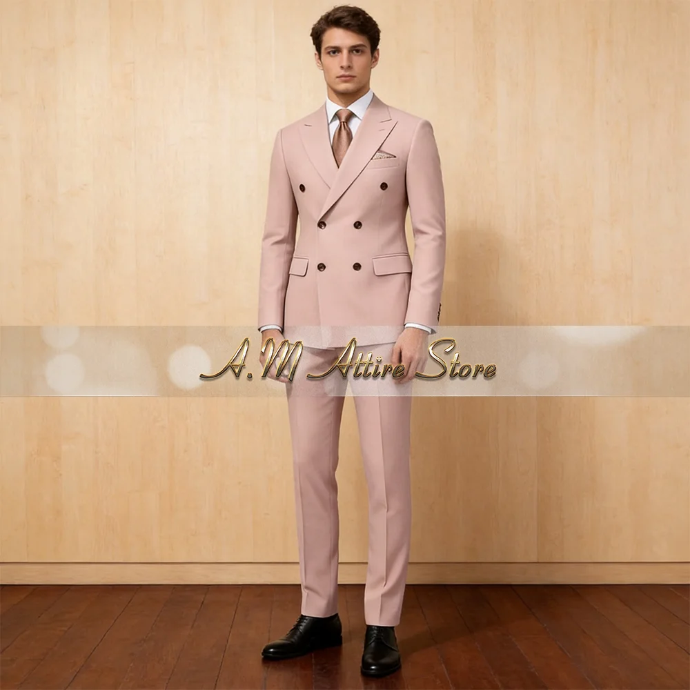 

Men's Formal Suit in Pink Double Breasted Peak Lapel Jacket Pants 2 -piece Custom Slim Fit Set for Wedding Groom Dinner Party