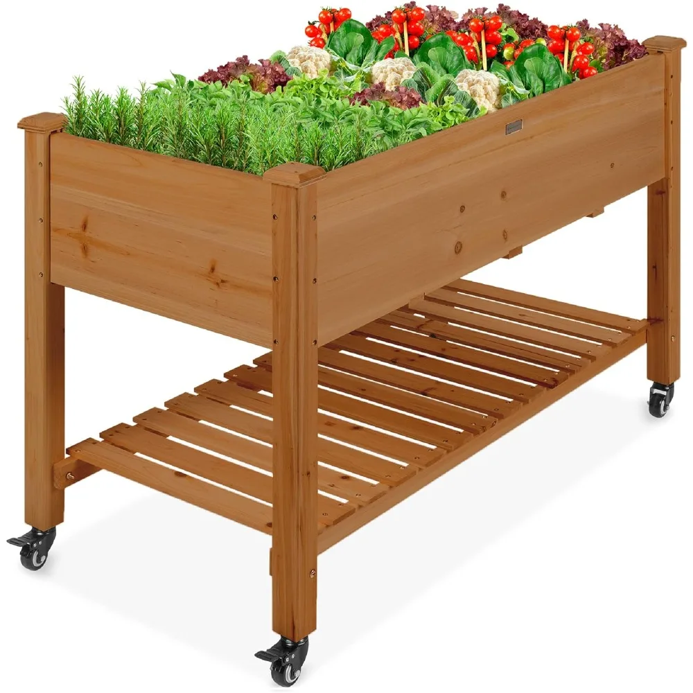 

Best Choice Products Raised Garden Bed 48x24x32-inch Mobile Elevated Wood Planter w/Lockable Wheels, Storage Shelf, Protective L