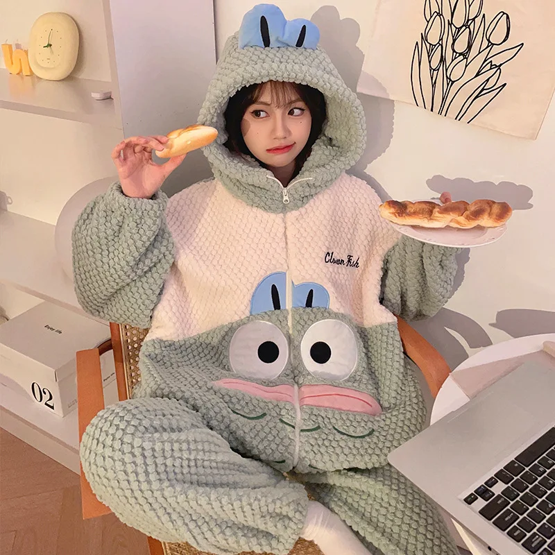 

Kawaii Hangyodon 2Pcs Women Plush Warm Pajamas Set Cartoon Sanrio Anime Kuromi Coral Fleece Thicken Homewear Girls Nightgown