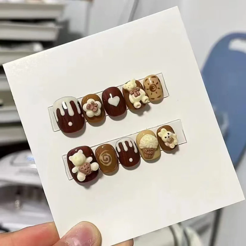 10 Pieces Cute Teddy Bear Heart Swirl Ice Cream Handmade Press On Nails Autumn Winter Warm Color Sweet Art Fake Nails