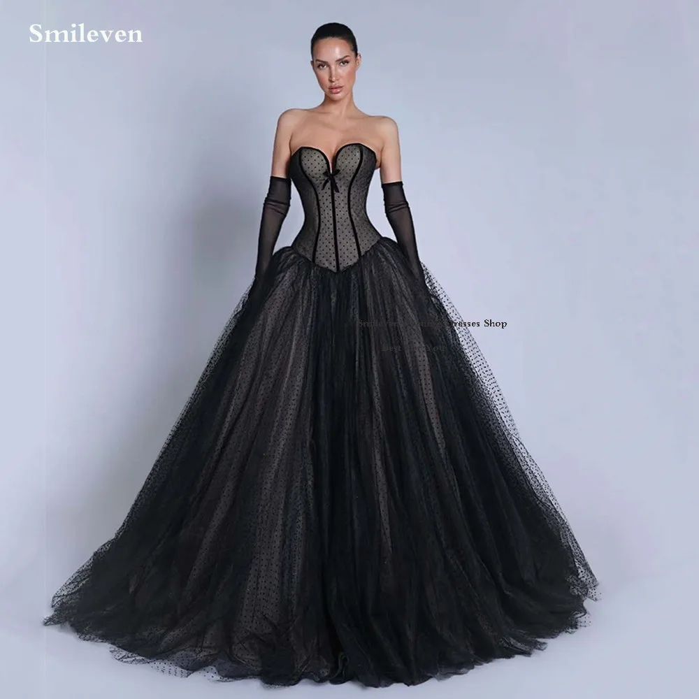 

Smileven Sweetheart Neck Black Prom Dresses A Line Detached Long Sleeve Cocktail Dress Hot Bodice Evening Prom Dress Customized