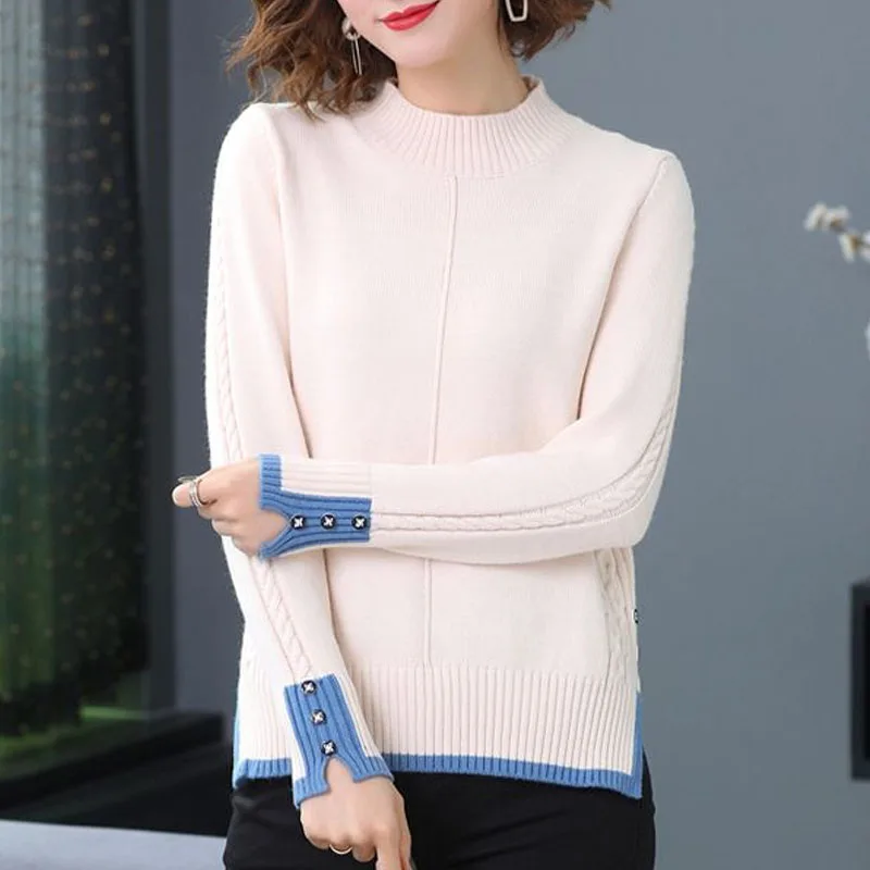 New Autumn Winter Fashion Trend Half High Collar Colored Split Loose Versatile Simple Commuter Style Women\'s Knitted Sweater