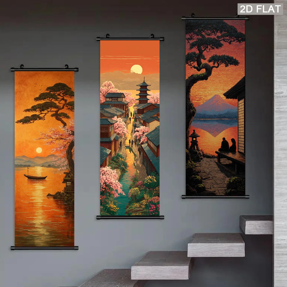 VIKAMA Japanese-Style Sunset Landscape Scroll Tapestry, Ancient Town Cherry Blossoms and Pagoda Wall Decoration, Home Decor