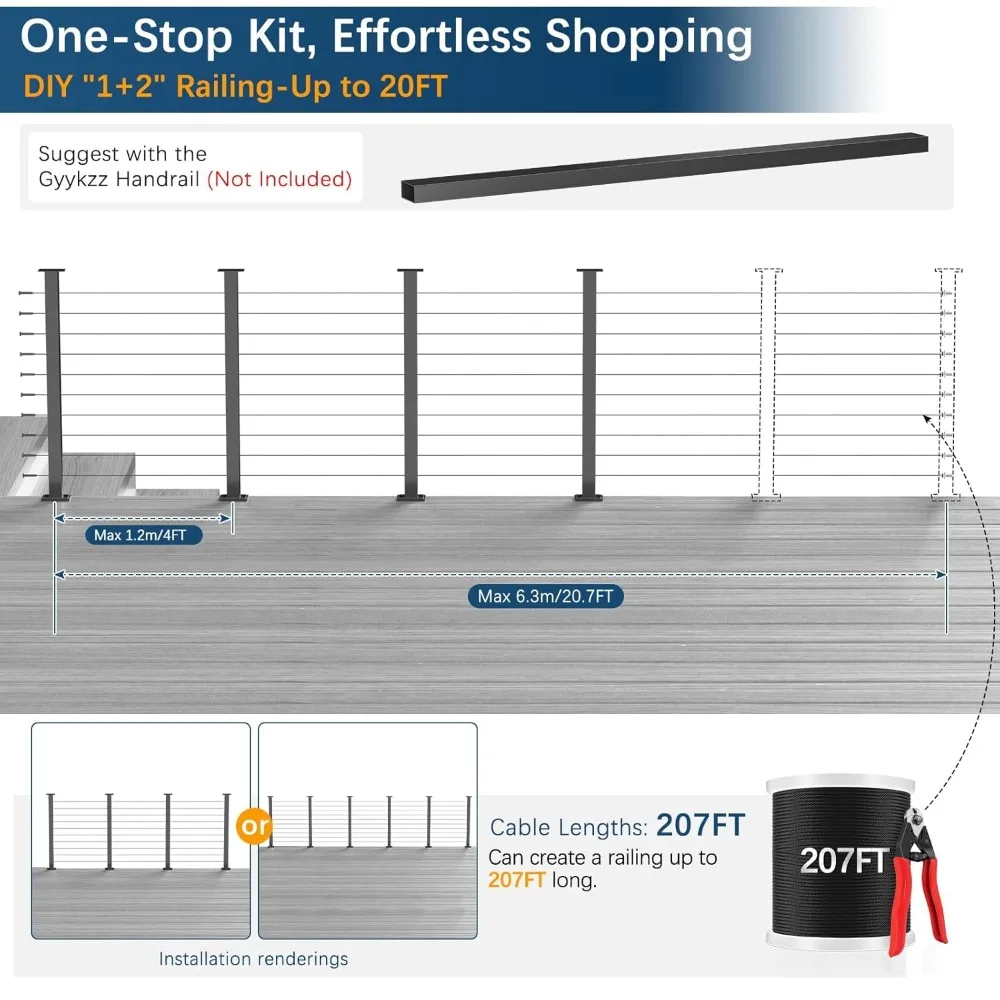 Economical Black Cable Railing System for Decks, 12-20FT, 36 Inch Posts, 4-Level, SST304 U Stainless Steel Kit