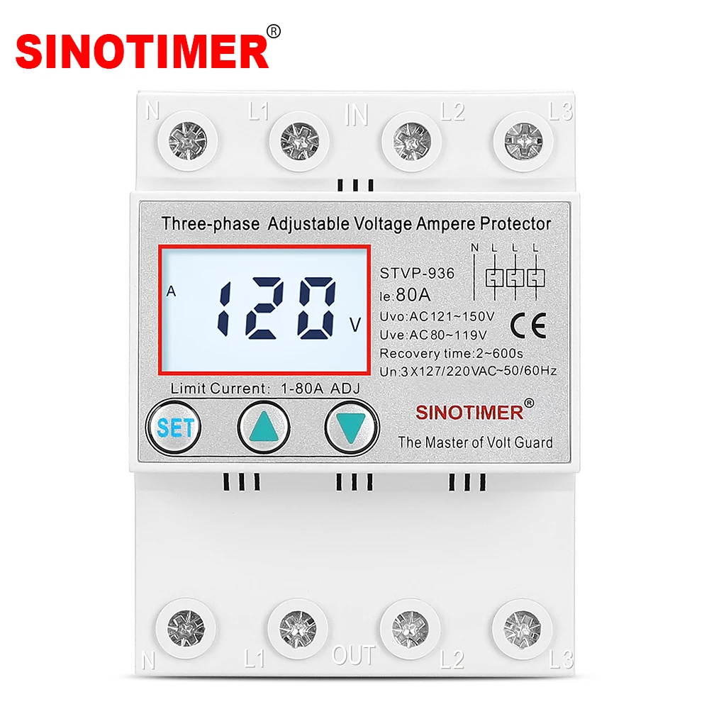 3 Phase Adjustable Over Under Voltage Protector Current Limit Production Automatic Recovery 220V AC 80A Protective Device 60Hz