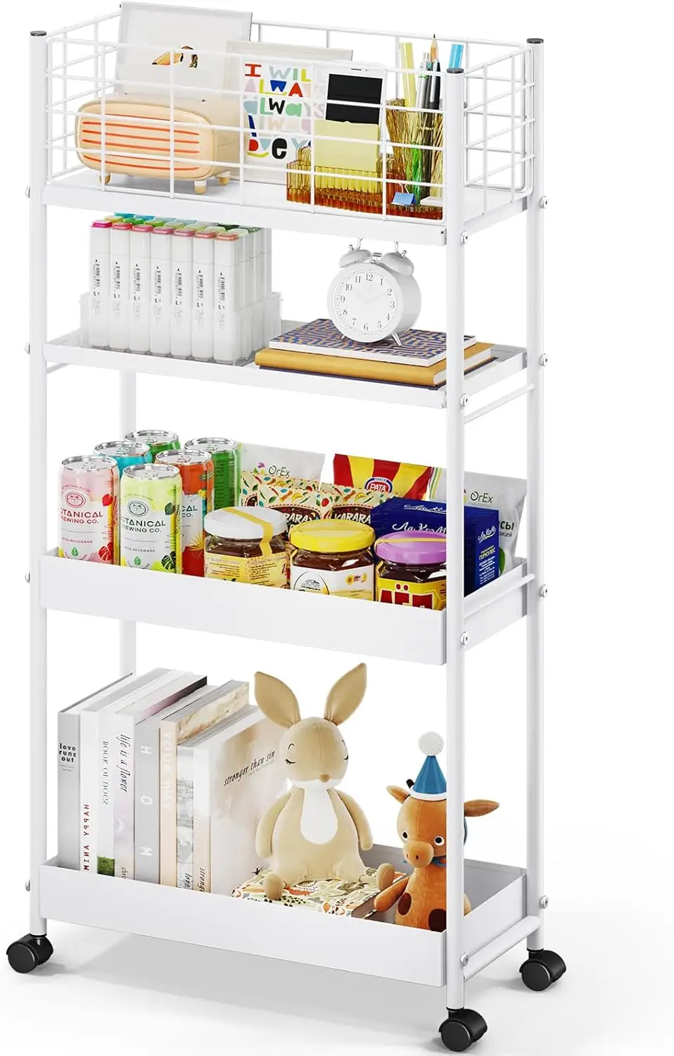 

Slim 4-Tier Rolling Storage Cart with Wheels, Mobile Shelving for Office Kitchen Bathroom Laundry Room, White