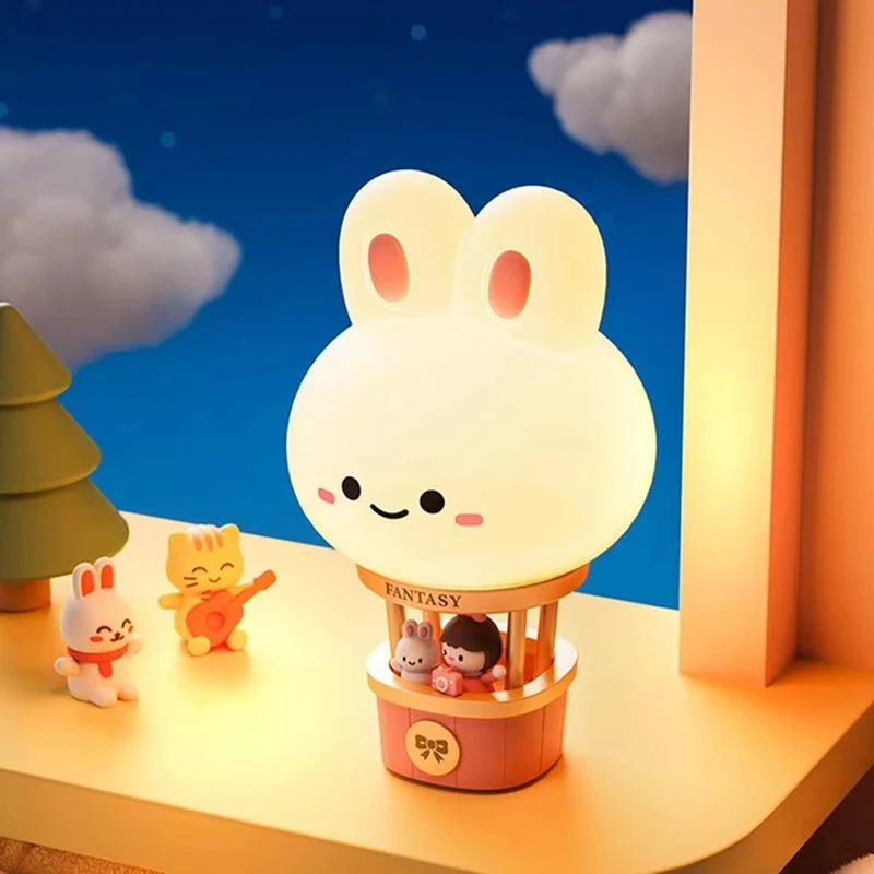 الحضانة ضوء الليل الكرتون الأرنب منطاد الهواء الساخن اللمس USB مصباح الليل القابلة لإعادة الشحن، 3 سرعة يعتم الإضاءة الجدول مصباح الجدة