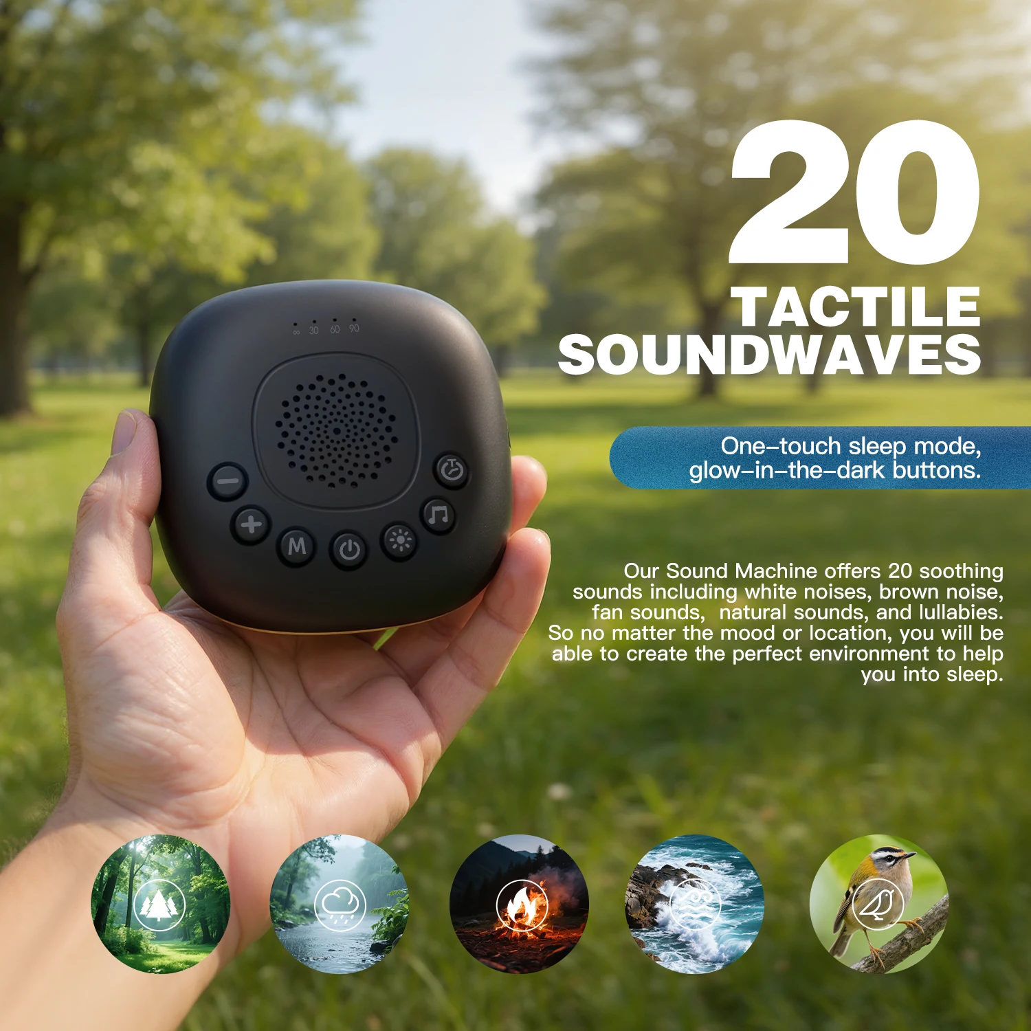 Máquina portátil de ruído branco com 20 sons RGB luz noturna ajuda para dormir para bebês/crianças/adultos temporizador bateria recarregável viagem