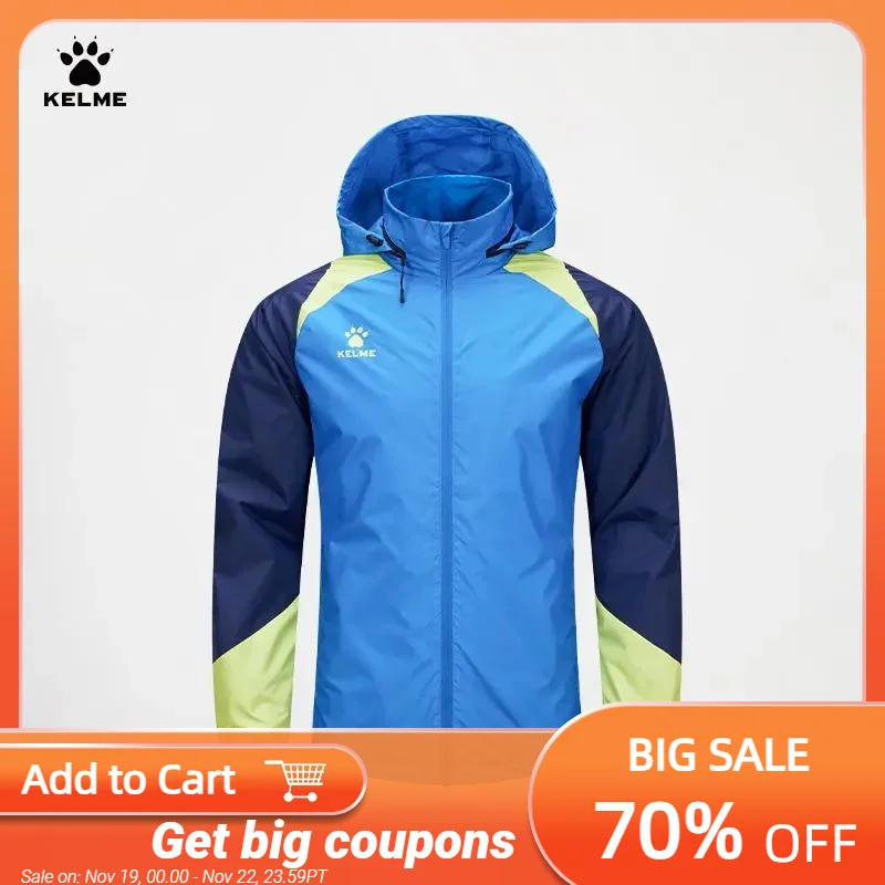 

KELME Men Windbreaker Running Jacket Soccer Training Windproof Sports Coat Quick Dry high neck tights Detachable Hooded Jackets