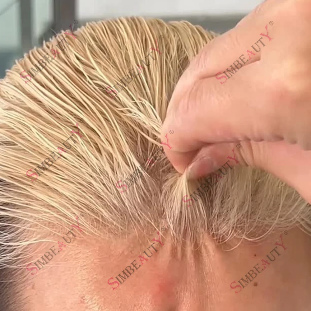 

Natural Hairline 0.02mm Super Thin Skin Invisible Base 80%Density 613# BlondeMen Toupee Grey Male Human Hair Capillar Prosthesis