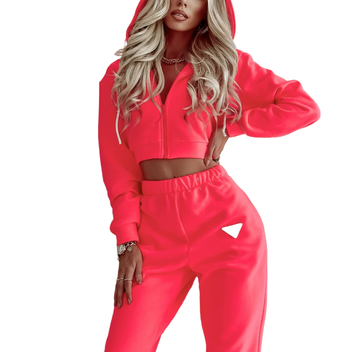 

Autumn New Sports Suit Women Fashion Solid Color Hooded Long Sleeve Zipper Short Sweatshirt High Waist Trousers Two Piece Set