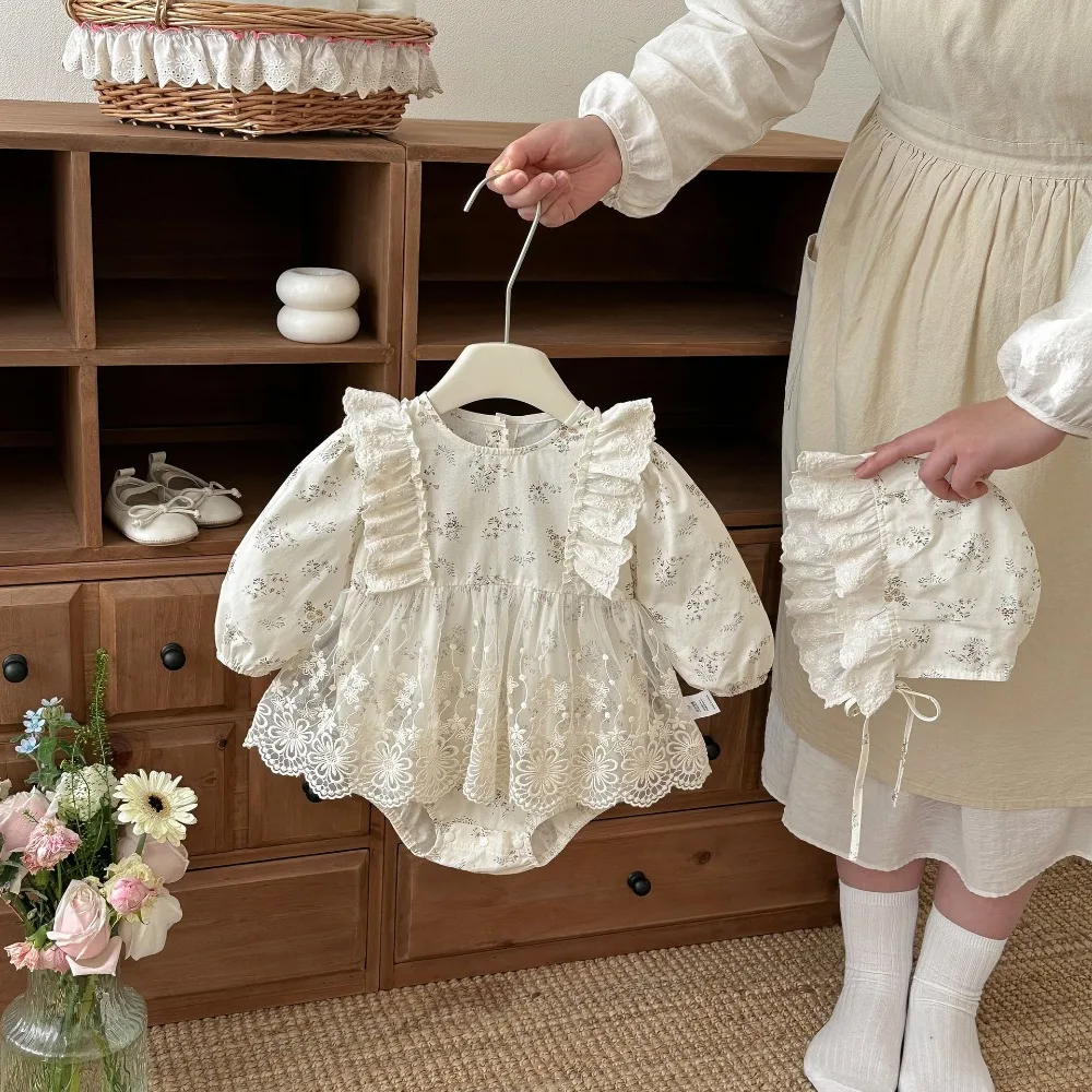 2026 Autumn Baby Girl Romper 0-2Years Cute Newborn Princess Long Sleeve O-Neck Flower Lace Skirted Bodysuit Hat 2PCS Clothes