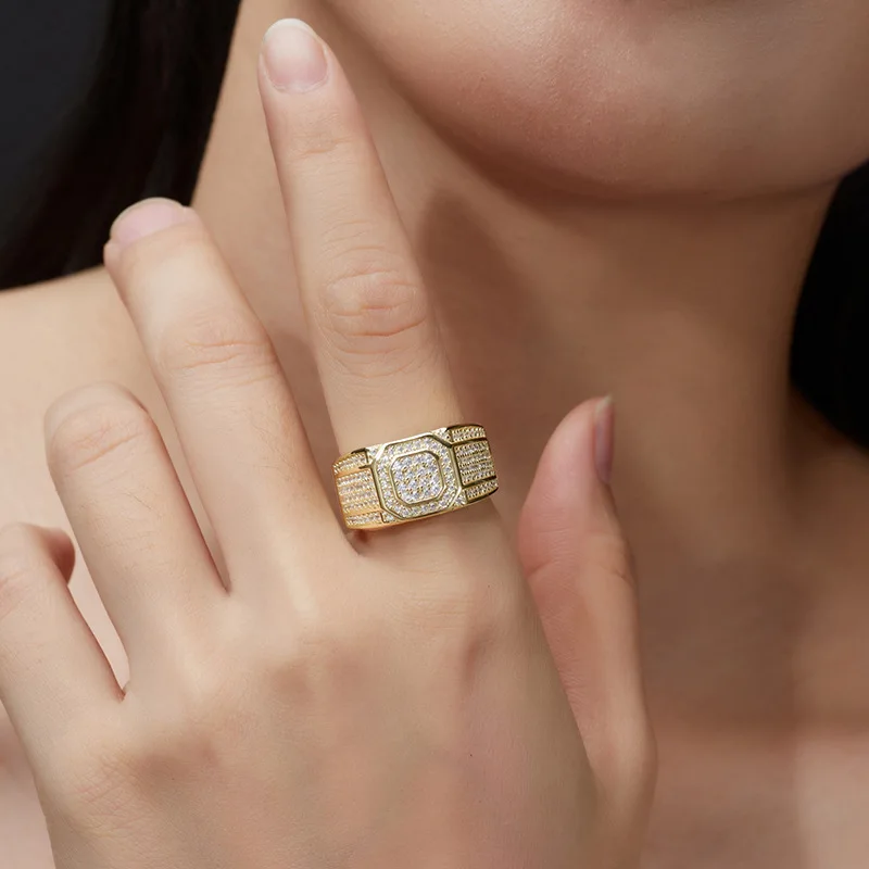 خاتم مطلي بالذهب عيار 18 قيراط من الفضة الإسترليني S925، خاتم مثمن كامل مويسانيتي مرصع على طراز الهيب هوب للرجال والنساء جوهرة الحفلات الفاخرة #4