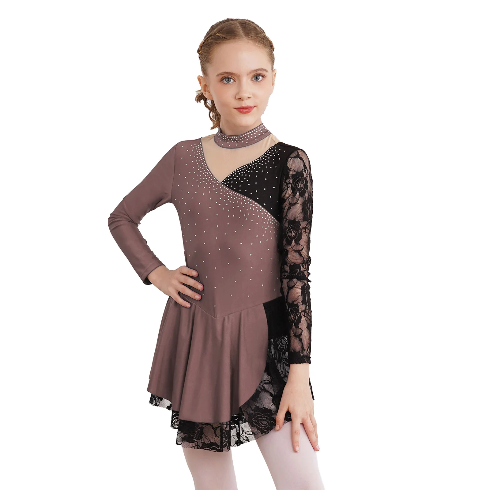 

Kids Girls Figure Skating Costume Ballet Lyrical Dance Dress Long Sleeve Rhinestones Gymnastics Leotards Competition Dancewear