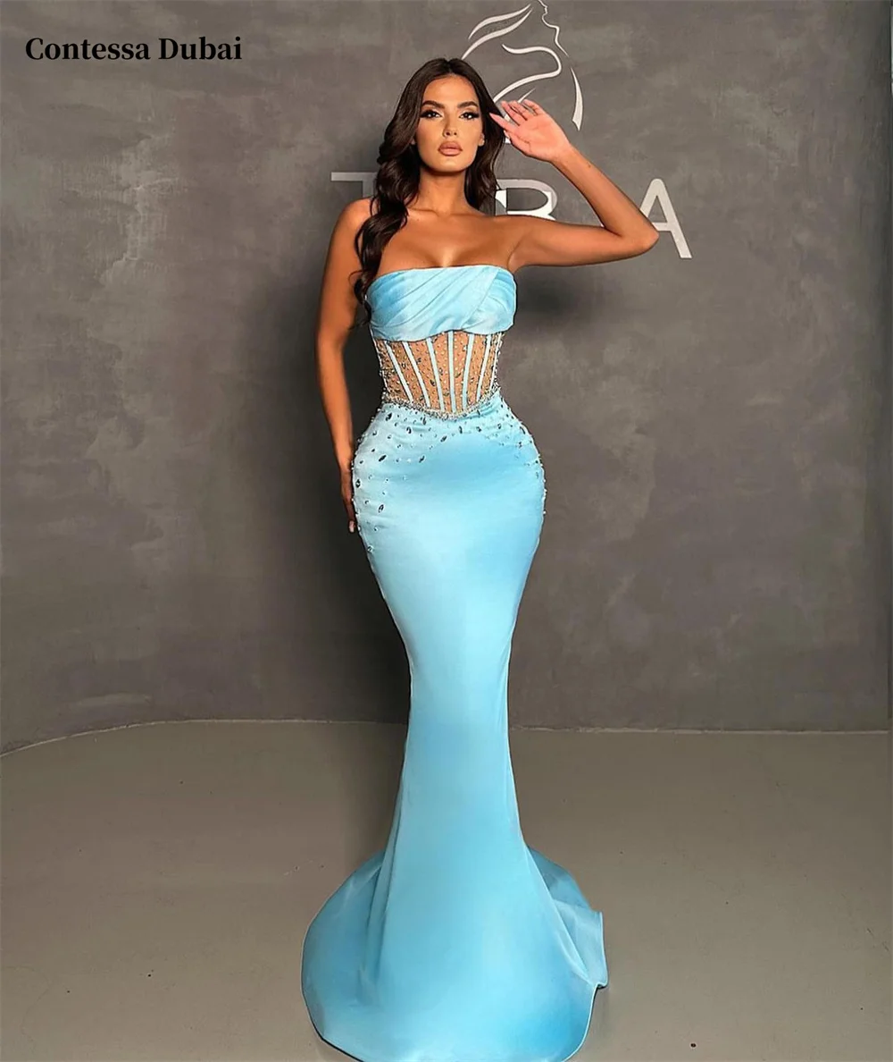 

Элегантное платье русалки для выпускного вечера Contessa Dubai по индивидуальному заказу с хрустальными рыбьими костями без бретелек Vestidos de noche, атласное вечернее платье