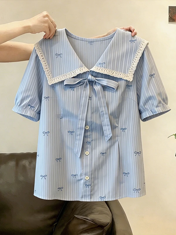

Summer New plus Size Women's Shirt Sweet Style Naval Collar Striped Embroidery Waist Cinching Knot Top Korean Style