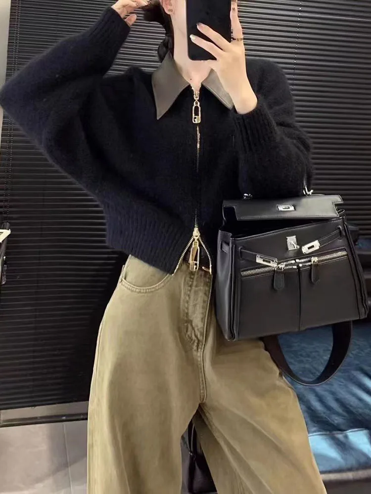 المرقعة التلبيب سستة سترة فضفاضة المرأة عادية بولو طوق محبوك سترة لينة سستة موضة تريكو جيليه