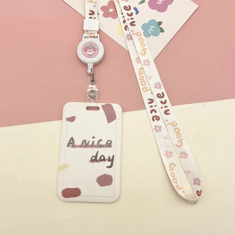 Cartoon Card Sleeve With Sliding Cover Photo Card Holder Kpop Printing Photocards Protector W/ Retractable Badge Holder Keyring