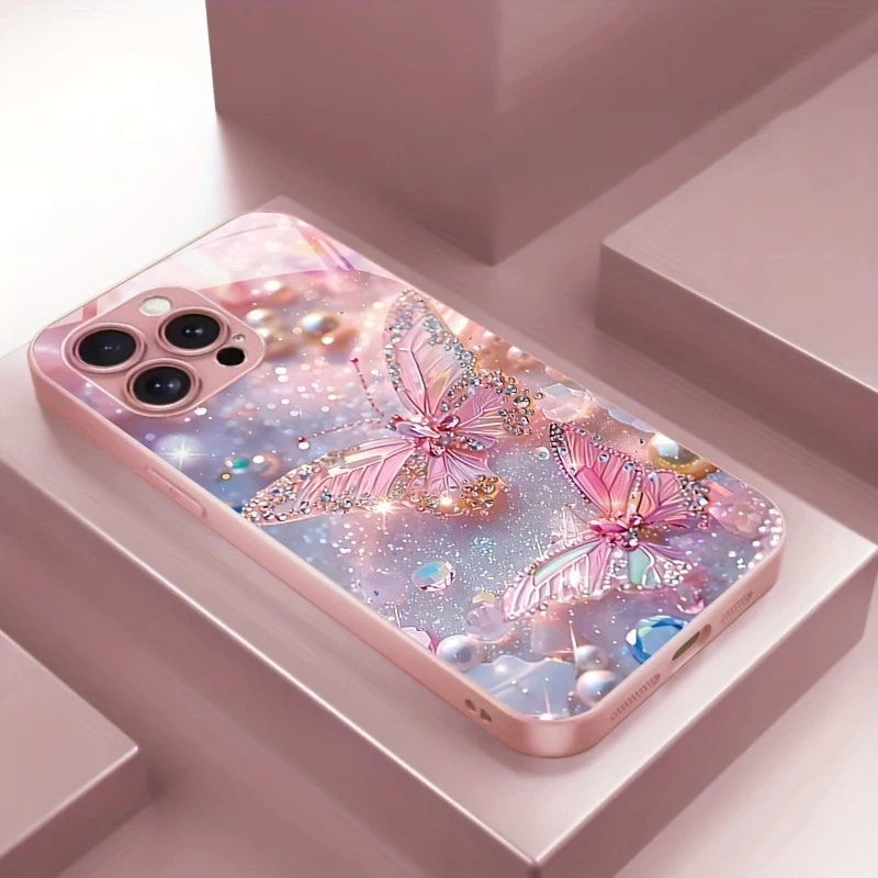 

Luxury Butterfly Pearl Pattern Pink Metallic Paint Glass Phone Case For iPhone 11 12 13 14 15 16 17 Pro Max Plus 16E 17Air Cover