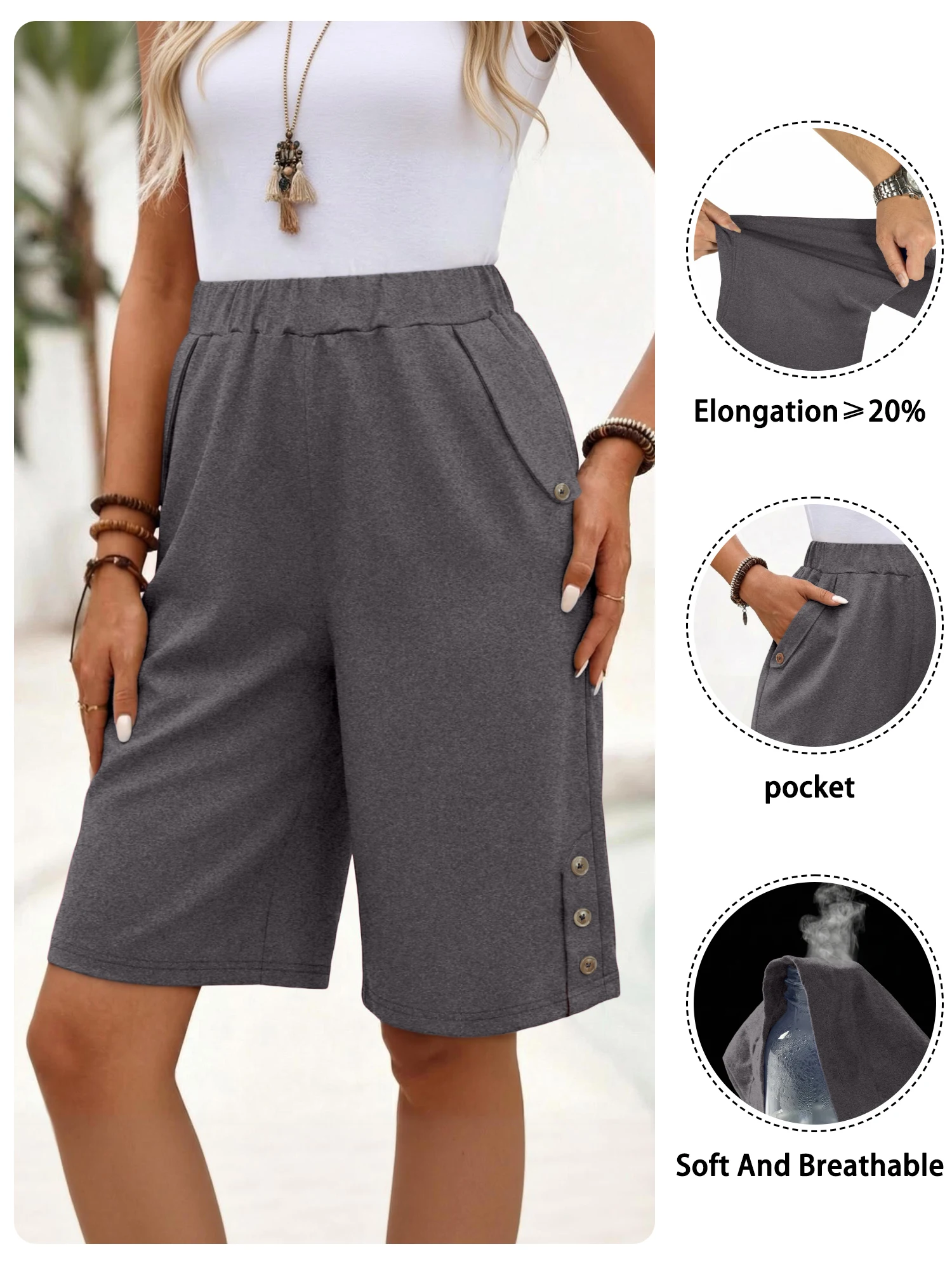 Damen Sommer-Shorts mit hoher Taille, elastischem Bund, lockerem, weitem Bein, knielang, lässige Hose mit Taschen und seitlichen Knöpfen – Detail 3