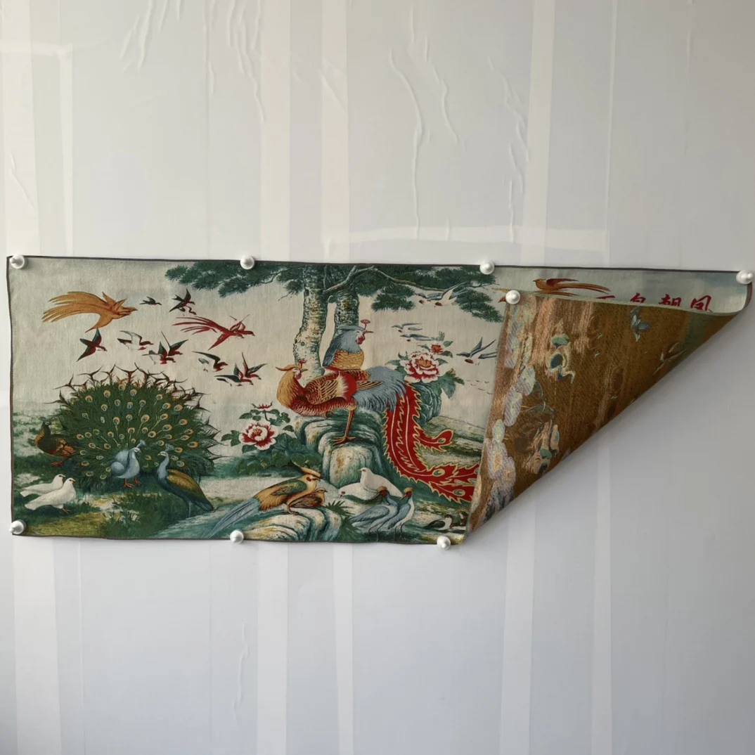 Retro Tangka Embroidered Long Screen Decorative Hanging Picture with Hundred Birds Facing the Phoenix