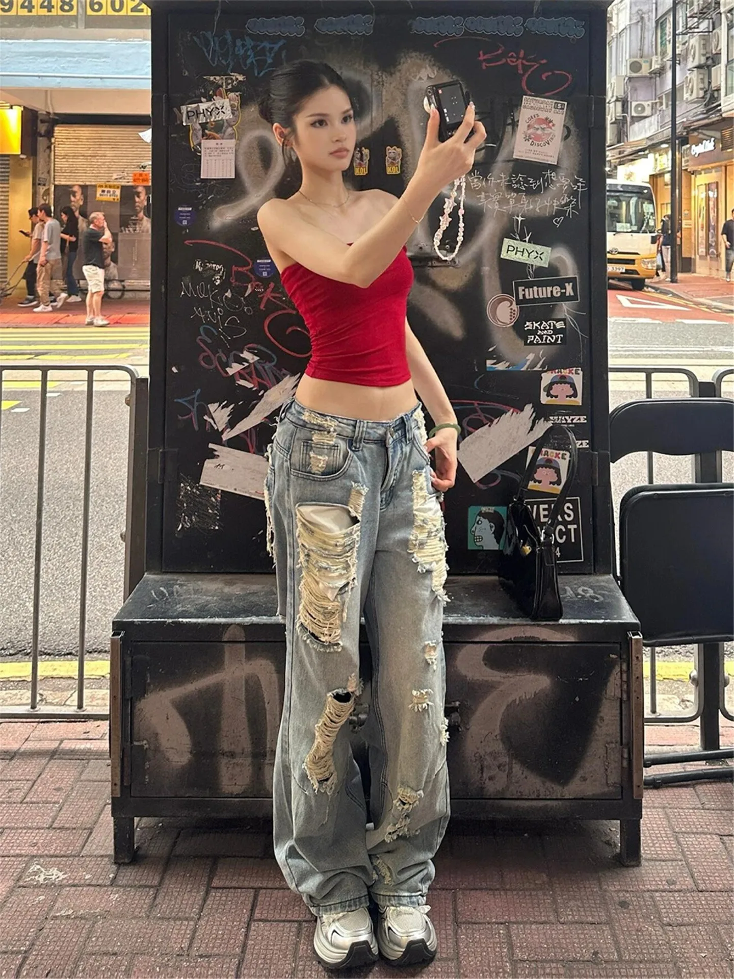 

Low Waist Wide Leg Jeans Women's Spring Loose Slimming Straight Leg Jeans American Street Style Y2K Spicy Girl Hole Denim Pants