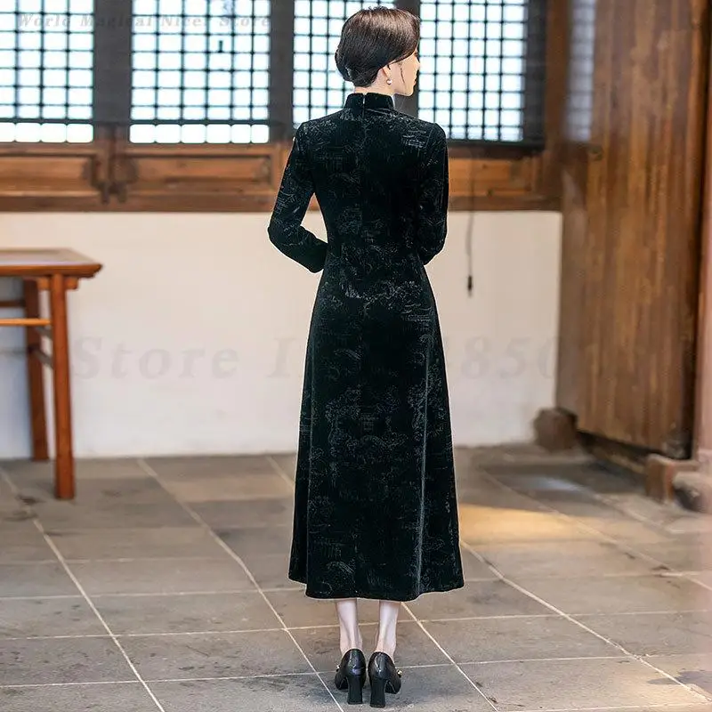 القطيفة ألف خط شيونغسام الجاكار خمر النمط الصيني فستان سيدة مثير سليم تشيباو مساء ثوب حفلة مرحلة الأداء زي #5