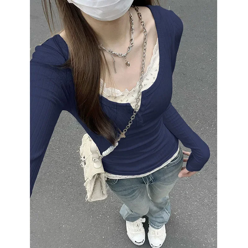 Mulheres streetwear falso duas peças camiseta y2k estética grunge retalhos rendas camisetas femininas outono inverno magro bottoming topos