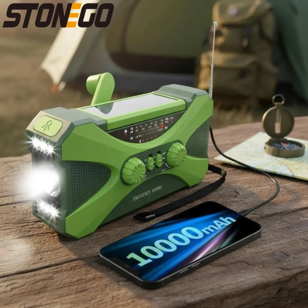 

Портативный перезаряжаемый светодиодный фонарик с солнечной батареей, радио, 10000 мАч, двойной динамик, аварийное освещение, SOS-сигнализация