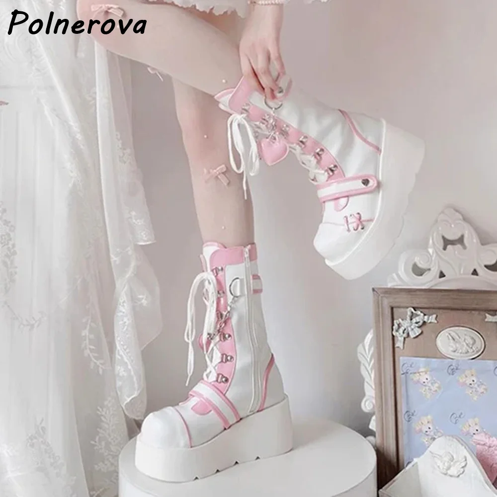 Weiß Rosa Lolita Stiefel Dicke Sohlen Leder Kreuz Gebunden Reißverschluss Plattform Herz Nähen Stiefeletten Damen Süße Patchwork Schuhe