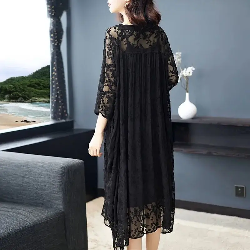 Fashion Summer Sexy Lace Midi Dress Women\'s Clothing Round Neck Loose Elegant A-Line Casual Spliced Commute 3/4 Sleeve Dresses