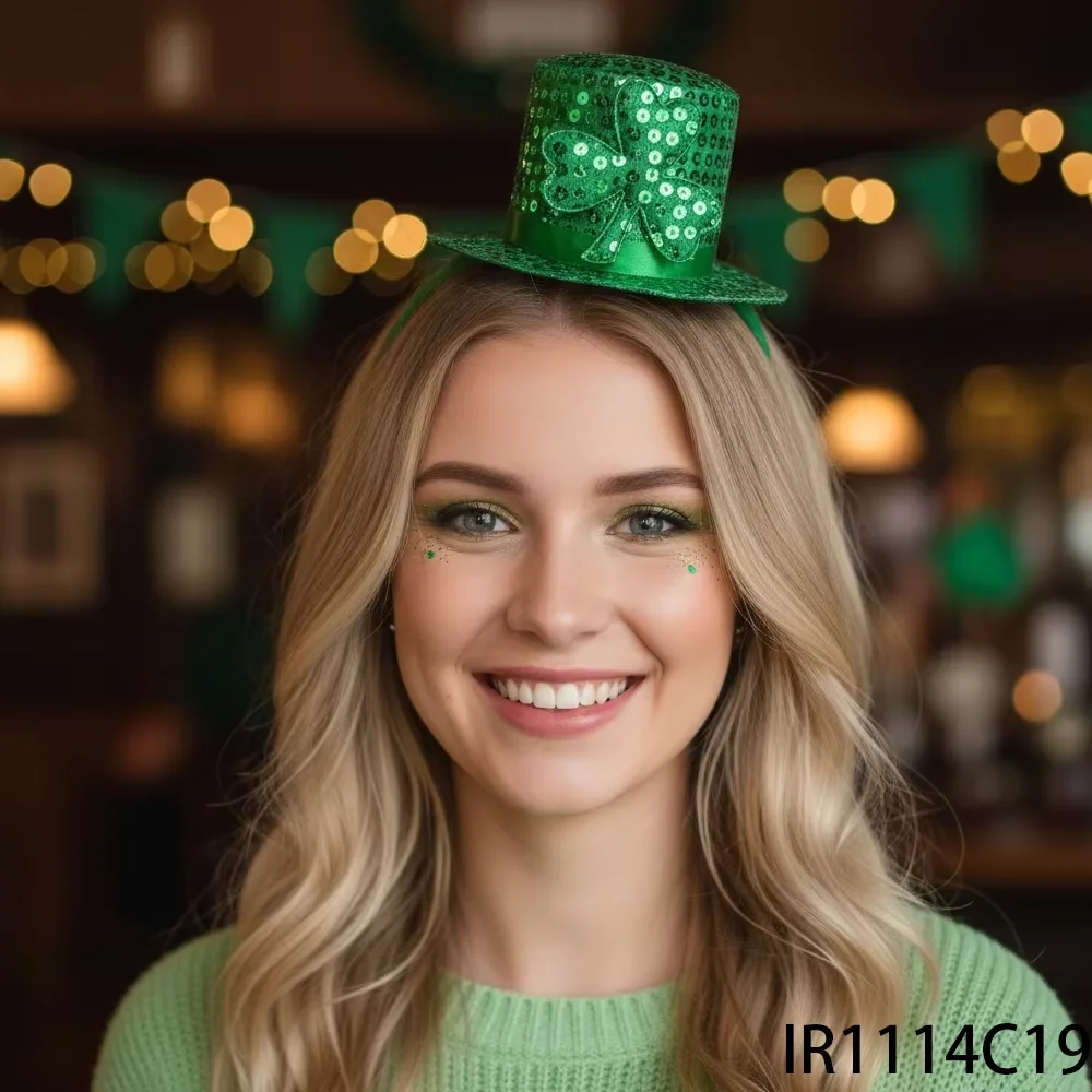 PESENAR Diadema con sombrero de copa de trébol brillante - Accesorio para fiesta del día de San Patricio