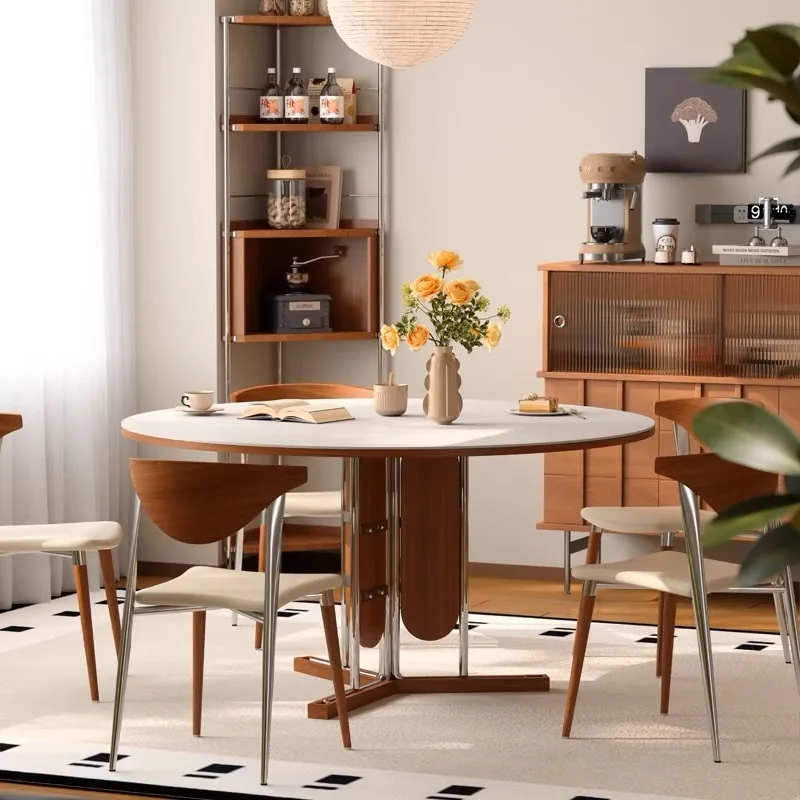 

Italian high-end solid wood rock board dining table, round with turntable, new home style antique matte rock board round table